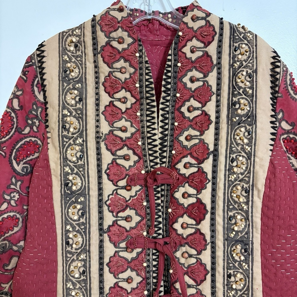 Happy Bird Samarkand Quilted Boho Jacket Uzbek Art To Wear Beaded Tassel Coat S - Picture 6 of 13